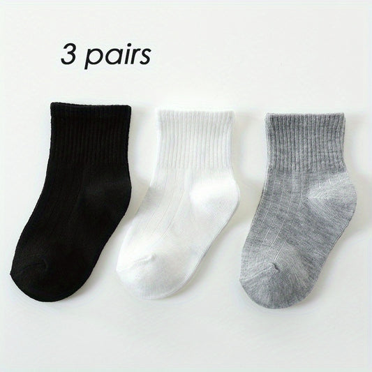 3 Pairs Boys Kids Striped Solid Socks For School Students Breathable Comfy