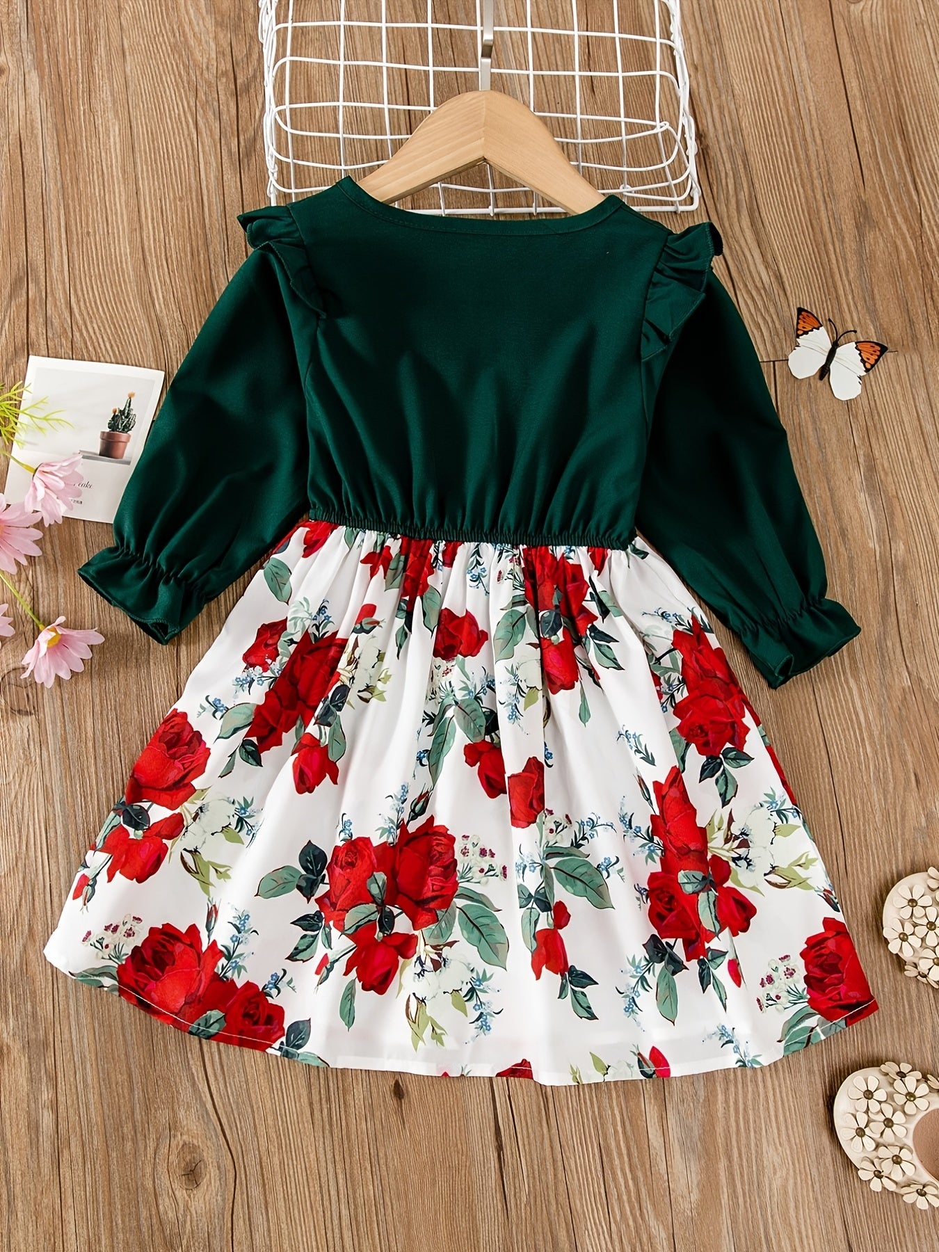 Floral Button Bow Ruffle Trim Princess Dress for Spring