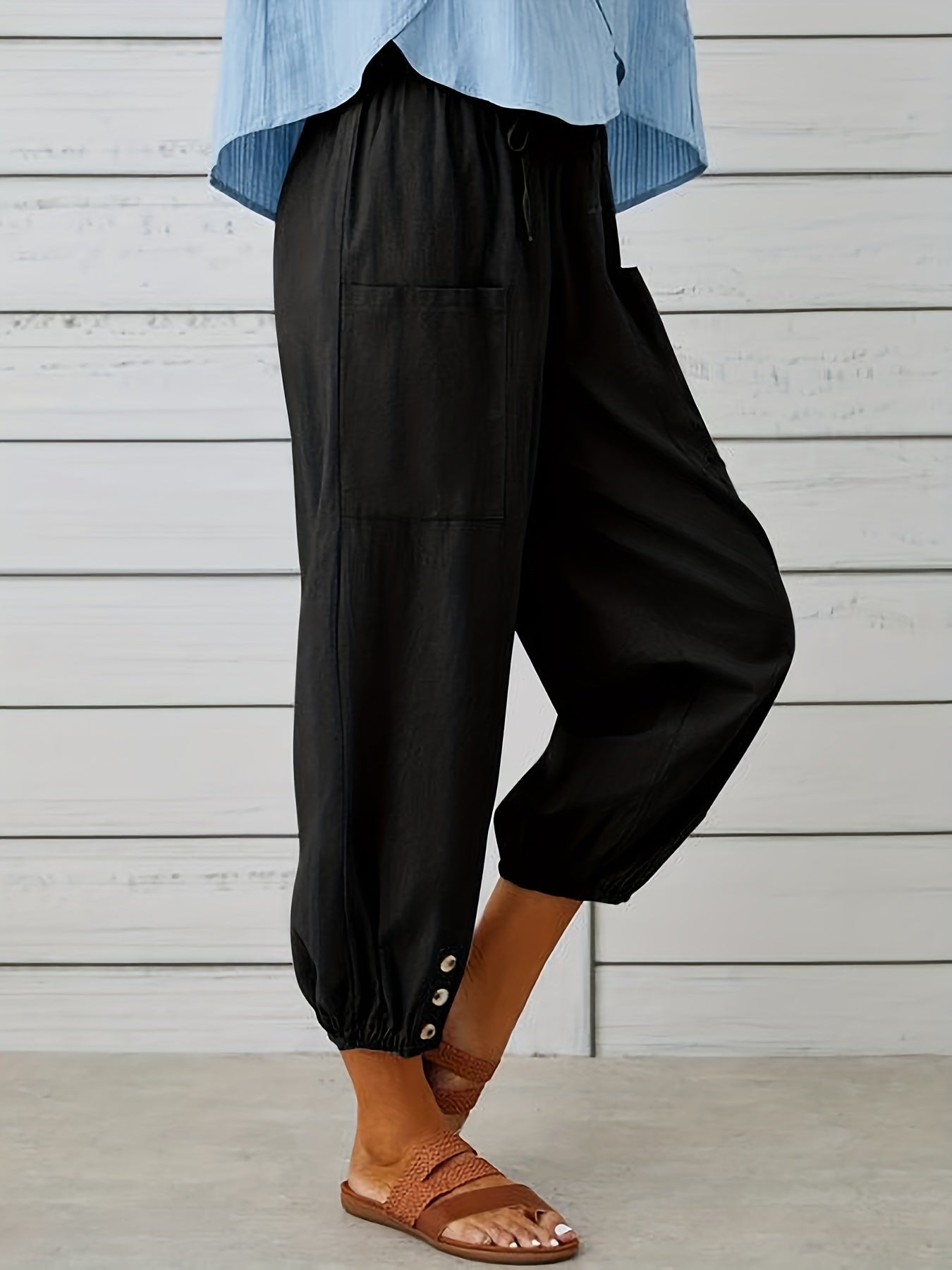 Button Front Drawstring Pants with Dual Pockets