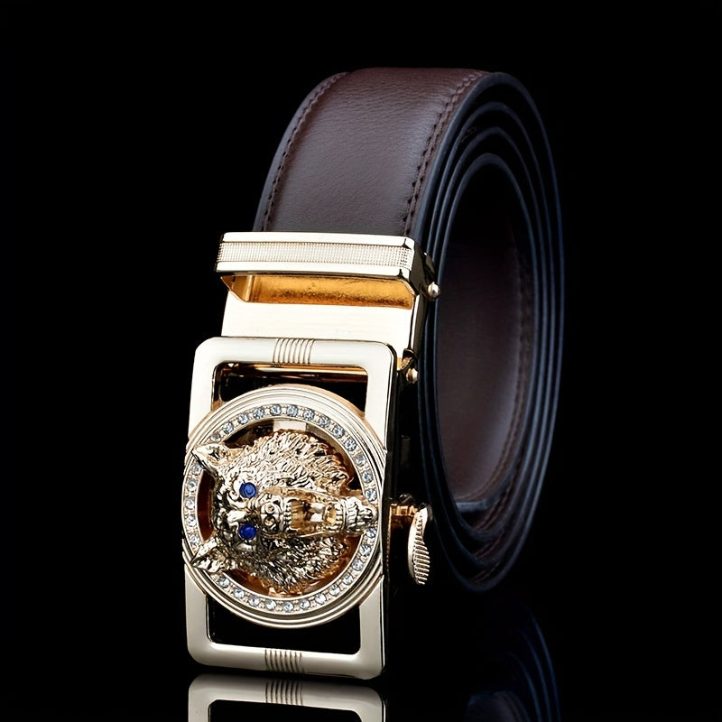 Men's Leather Belt with Wolf Head Buckle