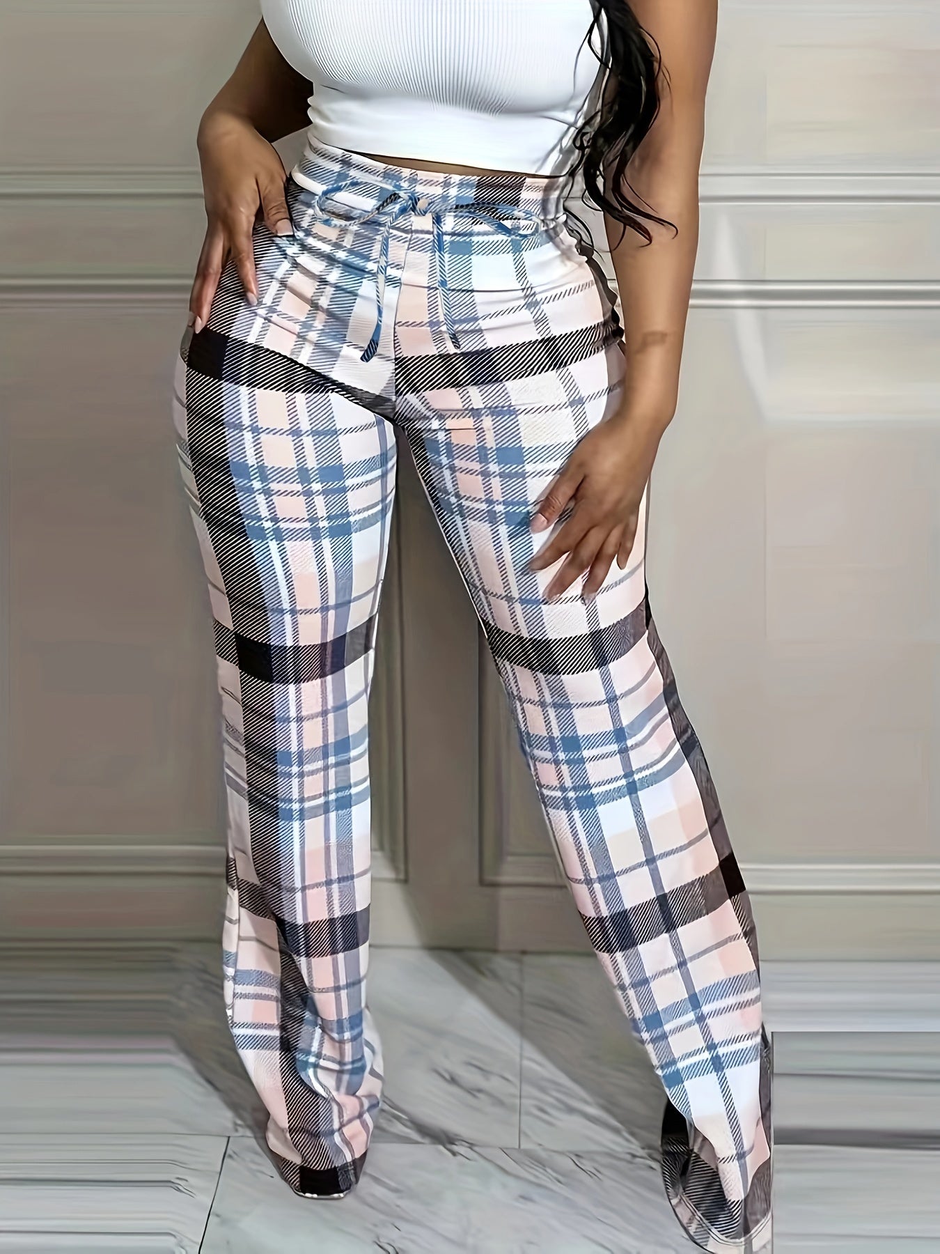 Women's Plus Plaid Print Drawstring Elastic High Rise Trousers