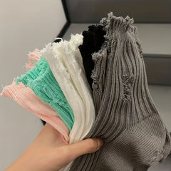 5 Pairs Ripped Solid Socks Women's Mid Tube Stockings