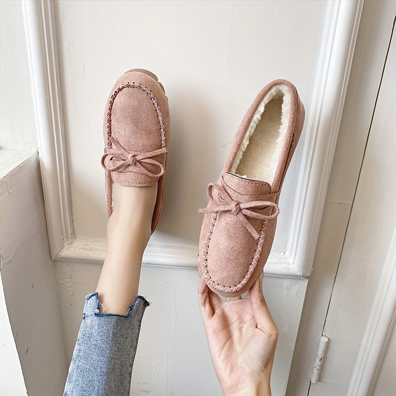 Women's Bowknot Loafers Plush Lined Slip On Flat Shoes