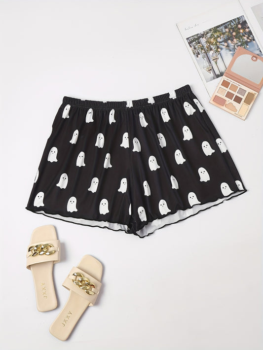  Cartoon Ghost Print Elastic Waist Pajama Shorts