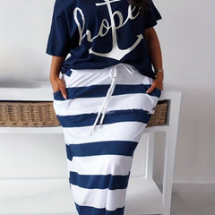  Anchor & Letter Print One Shoulder Top & Stripe Print Skirt Set
