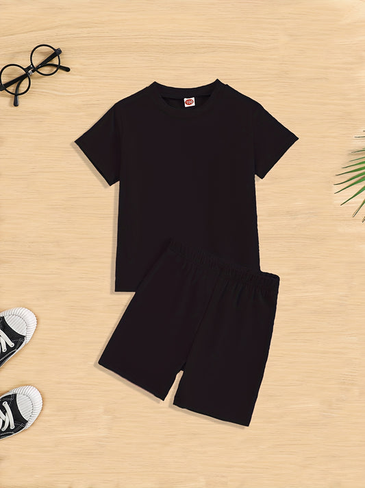 Girls 2pcs T shirt & Elastic Waist Shorts Set Solid Comfy Short Sleeve