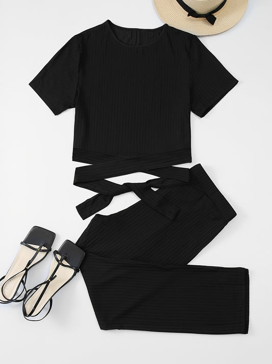  Ribbed Knot Front T-shirt & Pants Set Women's Plus Medium Stretch