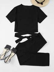  Ribbed Knot Front T-shirt & Pants Set Women's Plus Medium Stretch