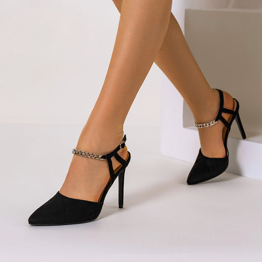 Women's Ankle Chain Strap High Heels Pointed Toe Slingback Stiletto Sandals