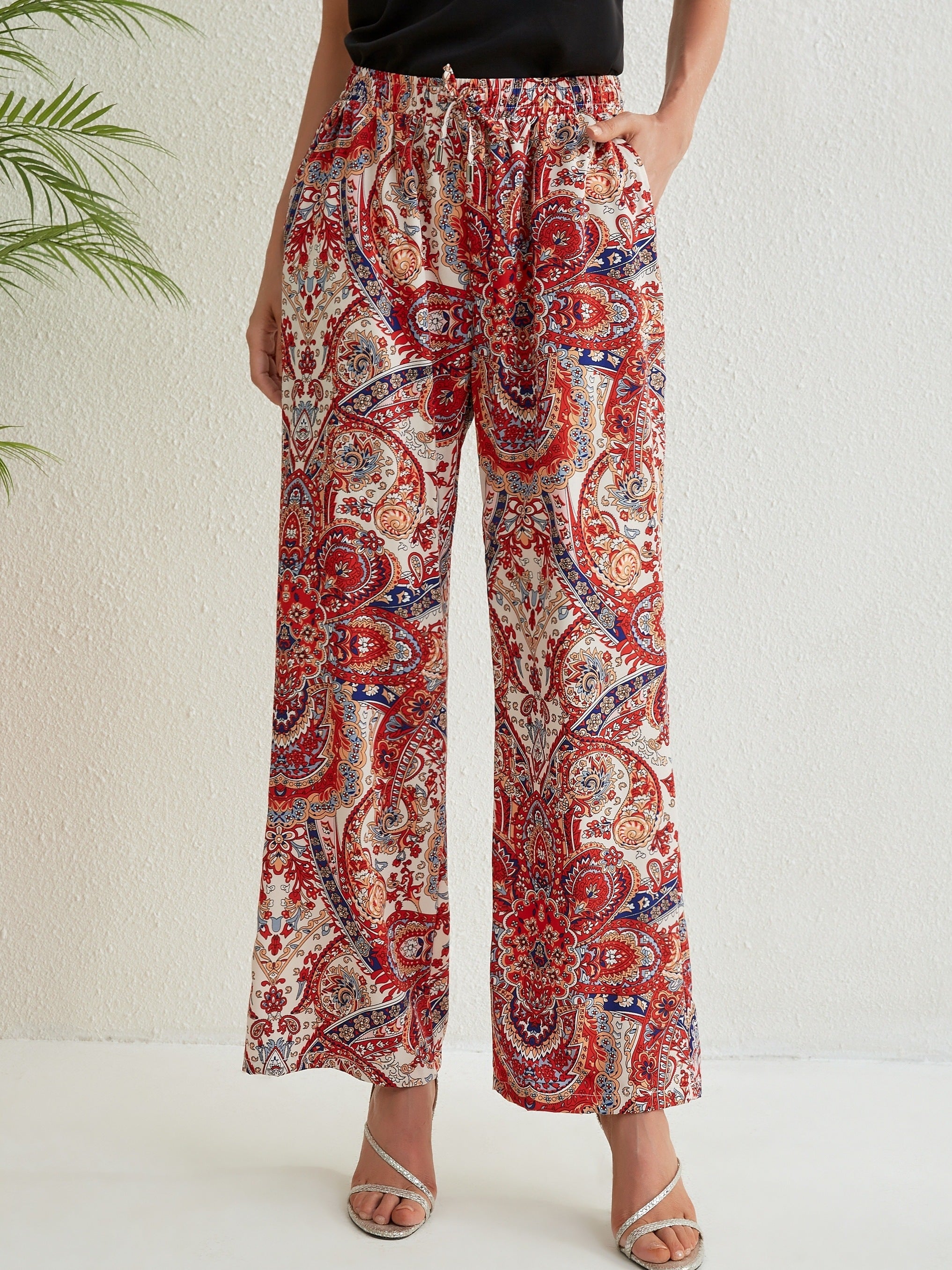 Paisley Print Drawstring Pants Bohemian Pants For Spring & Summer