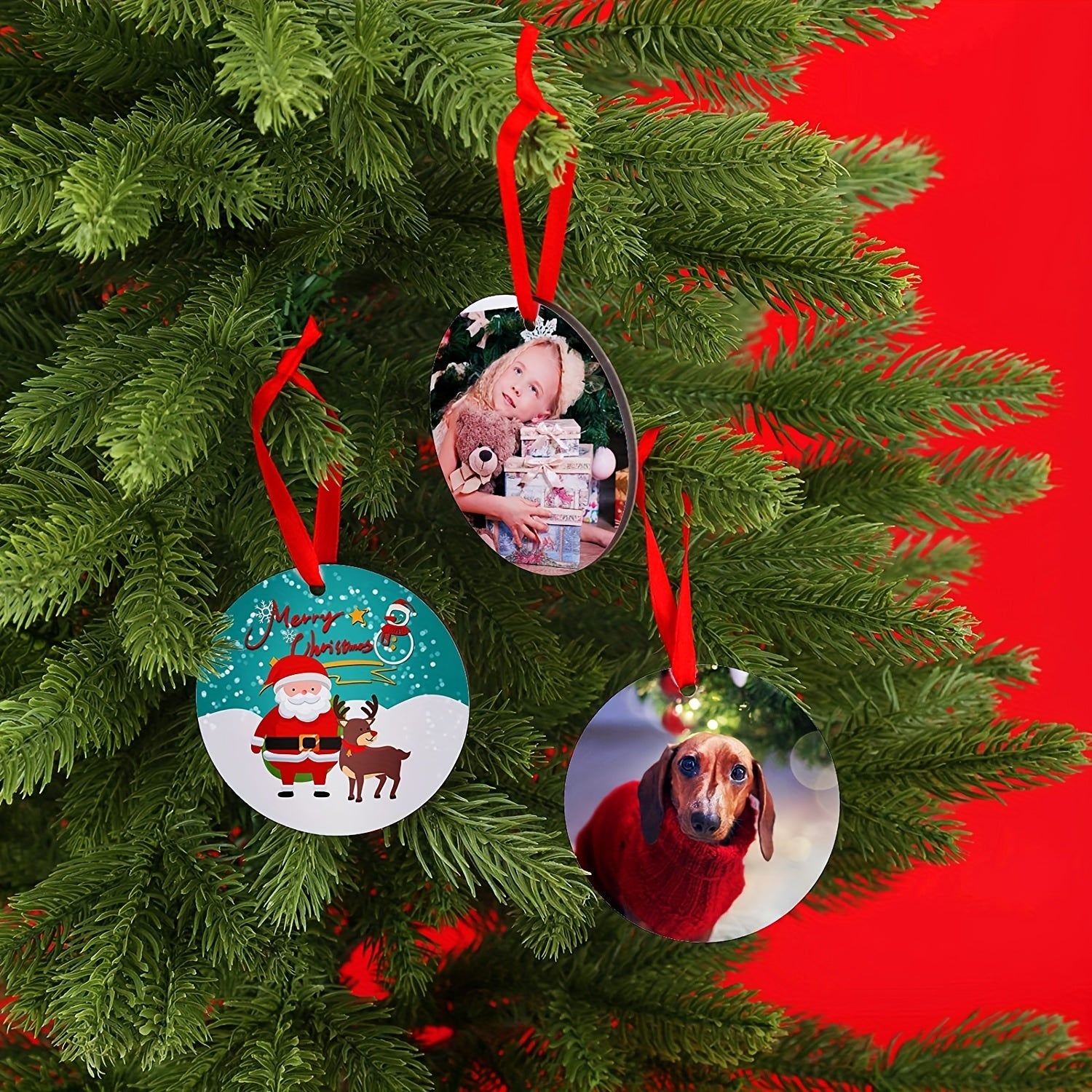 10pcs Sublimation Round Ornament Blanks with Red Ribbon Double Sided