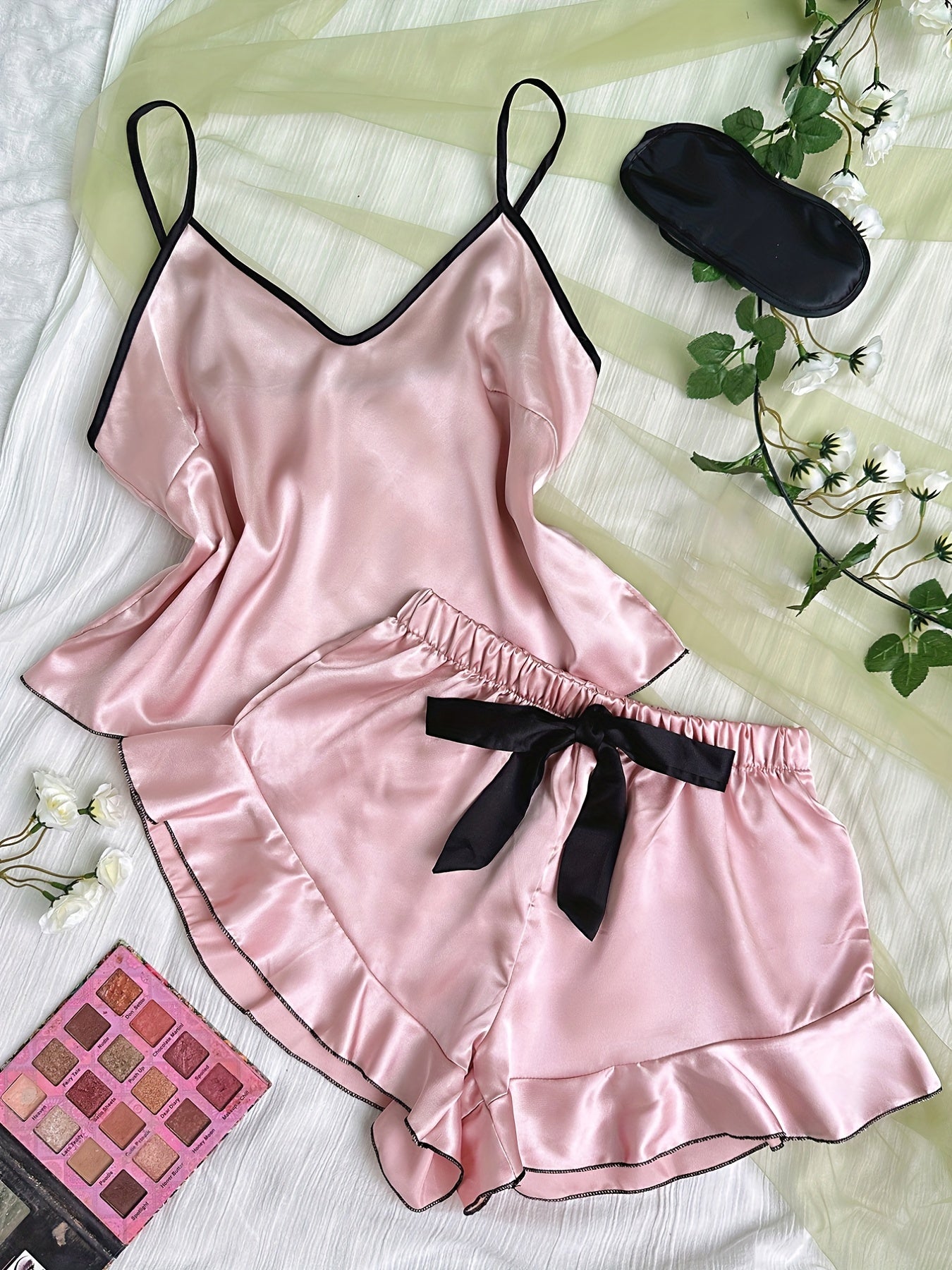 Satin Pajama Set V Neck Cami Top & Ruffle Shorts Sleepwear
