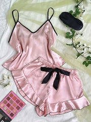 Satin Pajama Set V Neck Cami Top & Ruffle Shorts Sleepwear