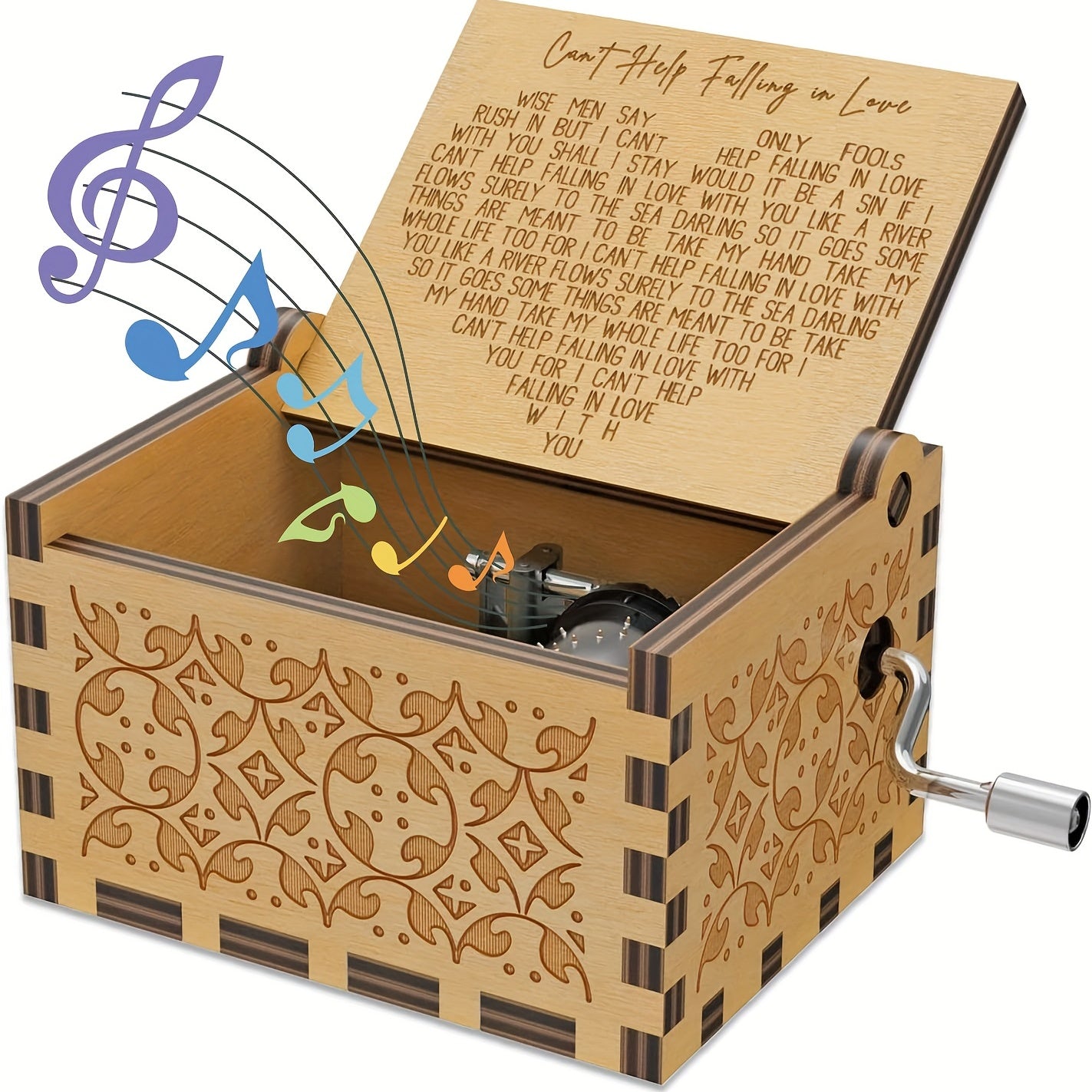 Wooden Music Box Can't Help Falling In Love Engraved Antique Musical Box