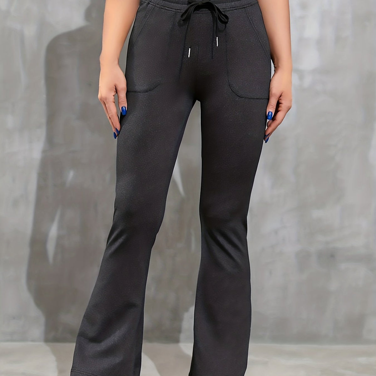 Dark Gray Yoga Pants Women Mid Waist Drawstring Pockets Fared Leg