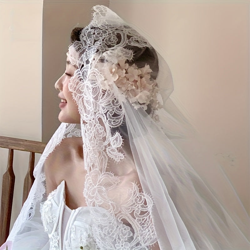 French Vintage Bridal Veil Embroidered Tulle Train