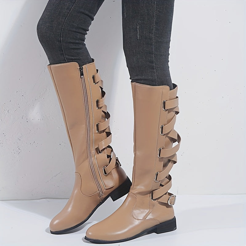 Women's Flat Knee High Boots Back Lace Up Cross Strap Side Zipper Long Boots