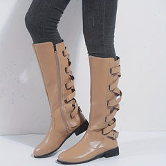 Women's Flat Knee High Boots Back Lace Up Cross Strap Side Zipper Long Boots