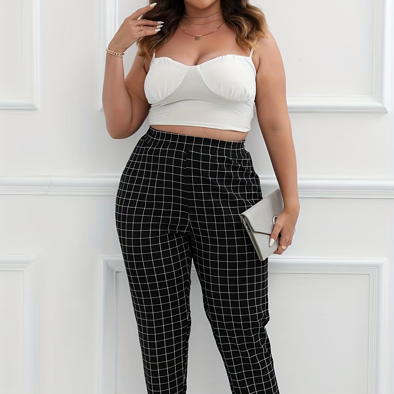  Windowpane Print High Rise Tapered Leg Pants