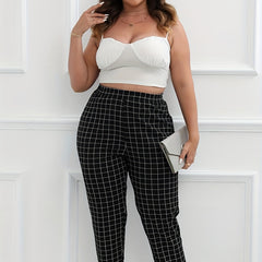  Windowpane Print High Rise Tapered Leg Pants