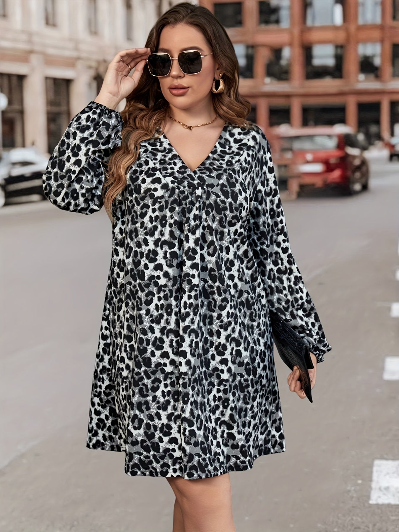  Leopard Print Long Sleeve V Neck Smock Dress