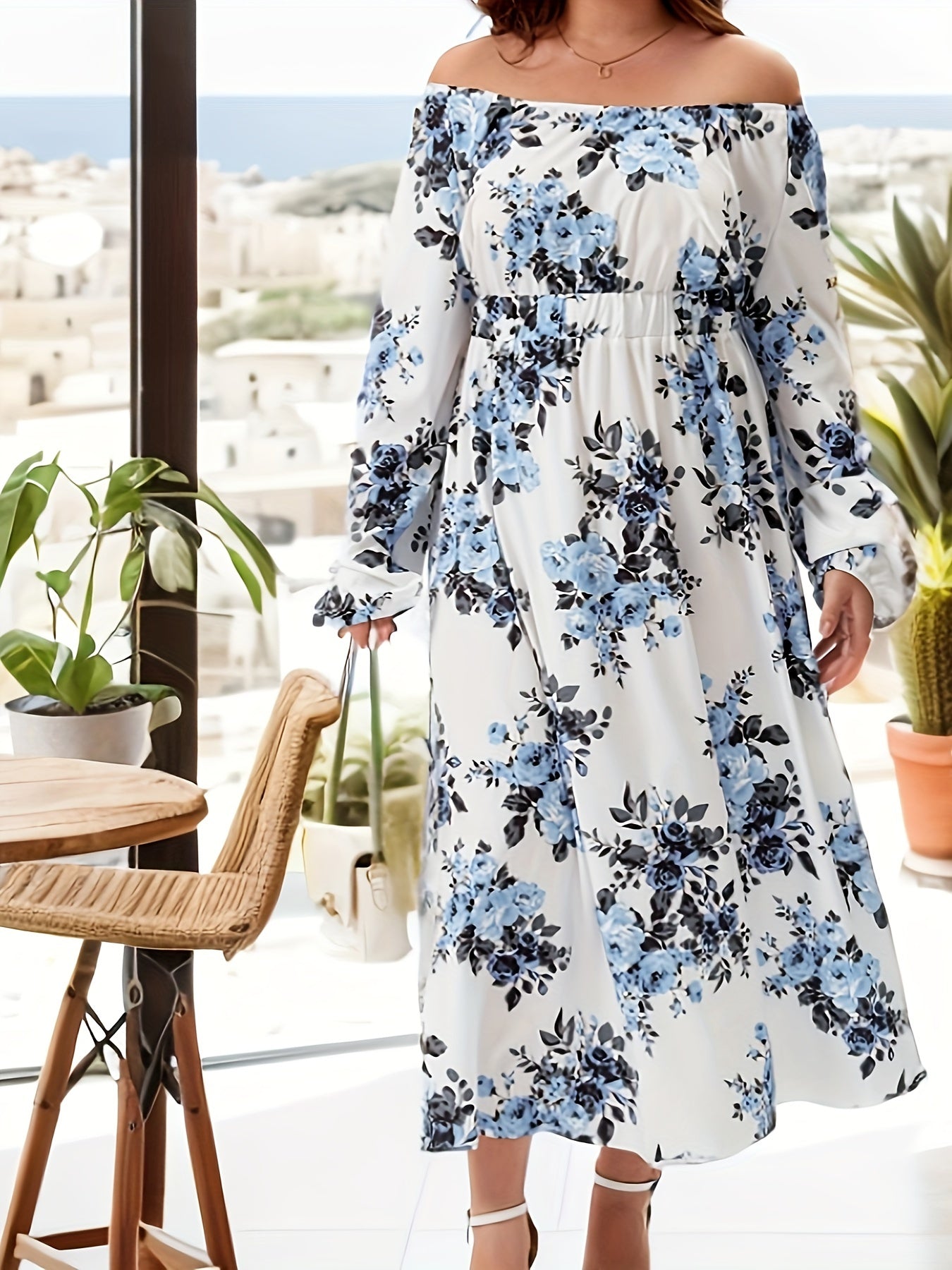 Floral Print Lantern Sleeve Maxi Dress Plus Size