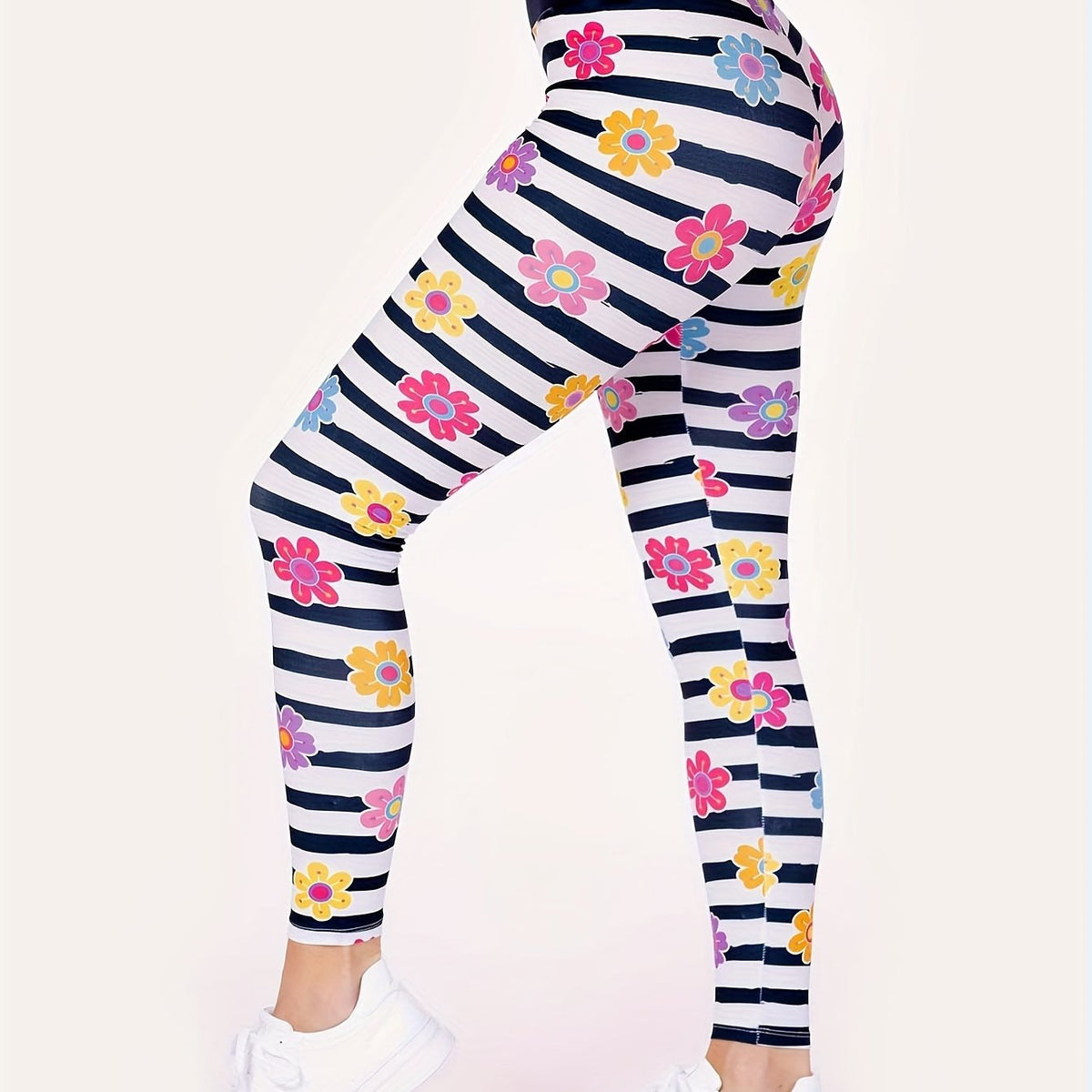  Stripe & Floral Print High Rise Skinny Leggings