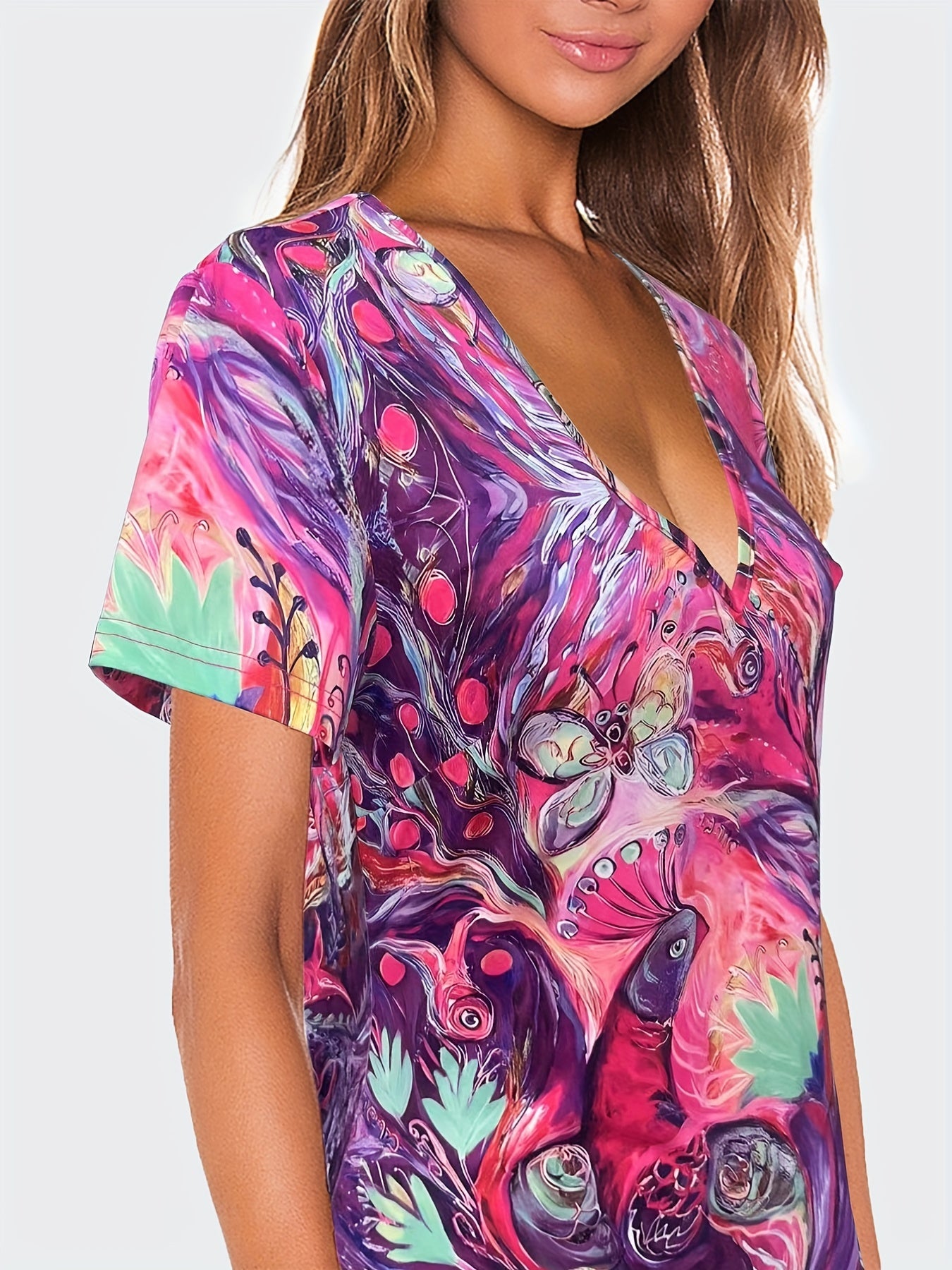 V Neck Allover Print Casual Dress Short Sleeve Spring Summer