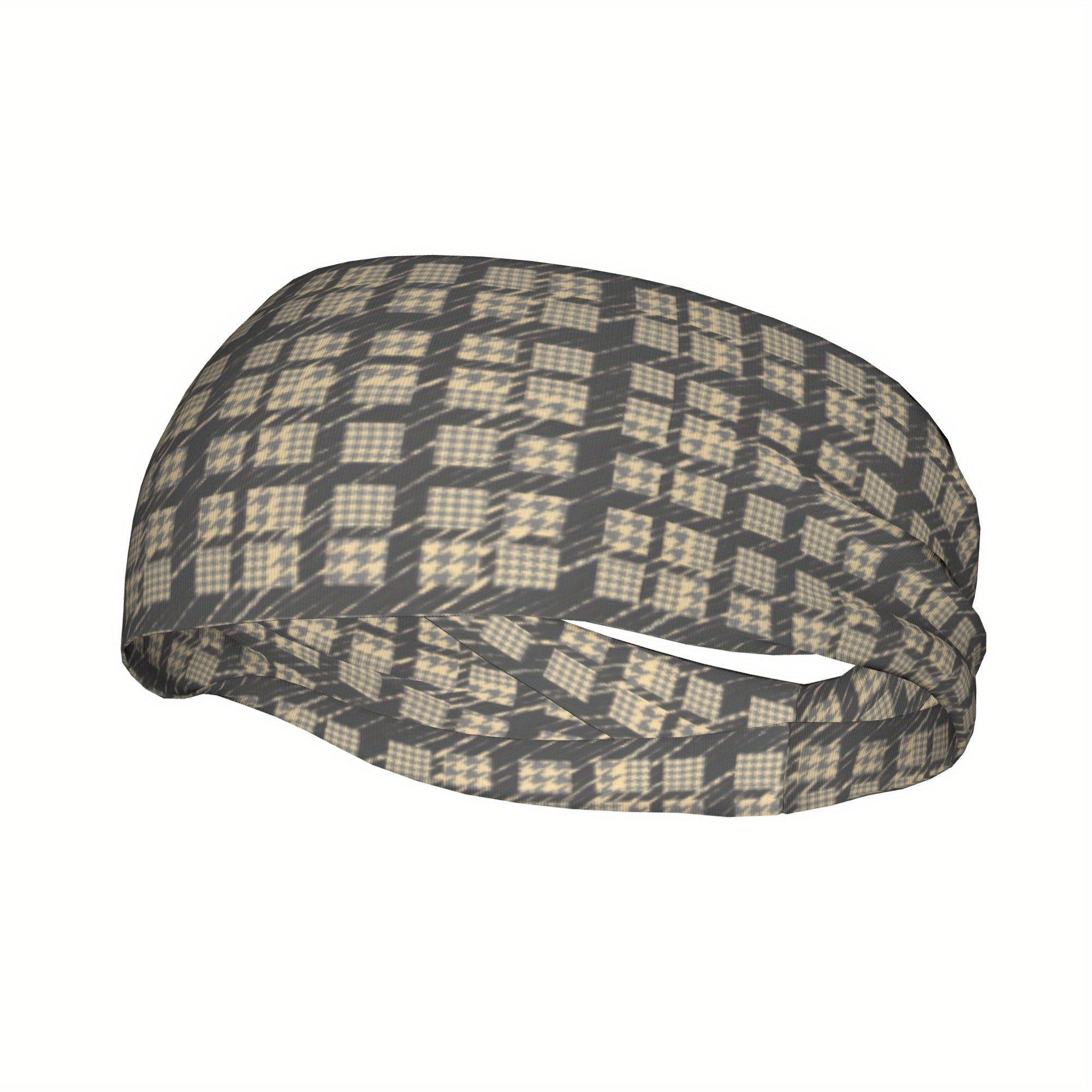 Vintage Plaid Headband Beige Checkered Pattern Elastic Secure Fit
