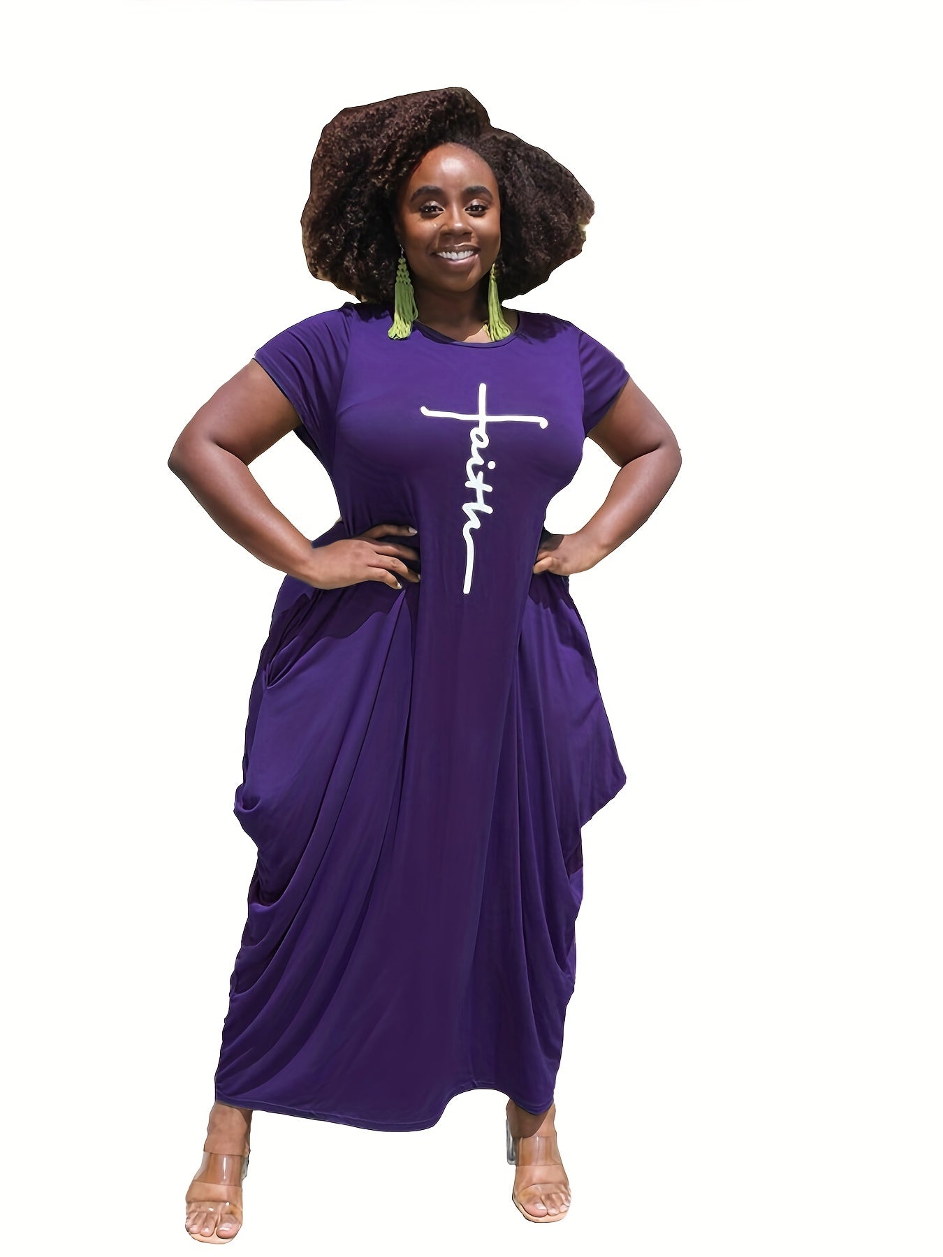 Women's Plus Letter Print Long Sleeve Round Neck Casual Dress