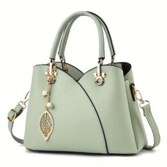 Textured Solid Handbag with Detachable Leaf Pendant