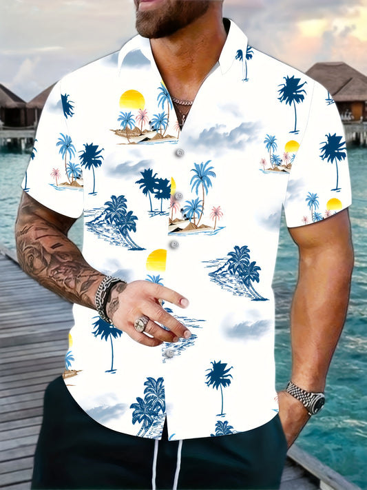 Men's Palm Trees Beach Print Short Sleeve Button Up Shirt