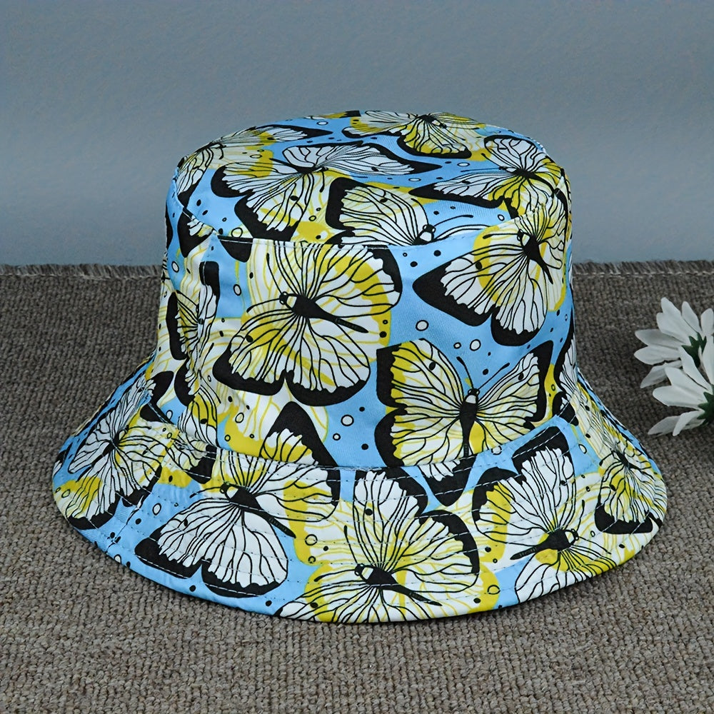 Yellow Butterfly Print Bucket Hat Sun Protection Sunshade Hat