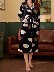 Cloud Pattern Hooded House Robe Warm & Comfy Flannel Robe With Pockets & Belt