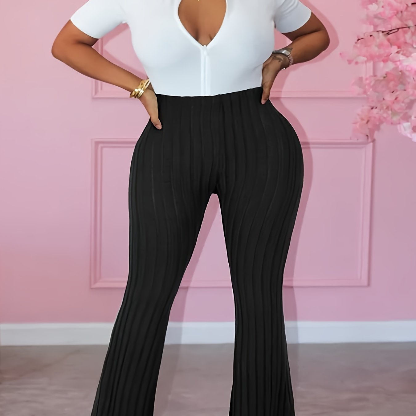  Ribbed High Rise Flared Leg Trousers