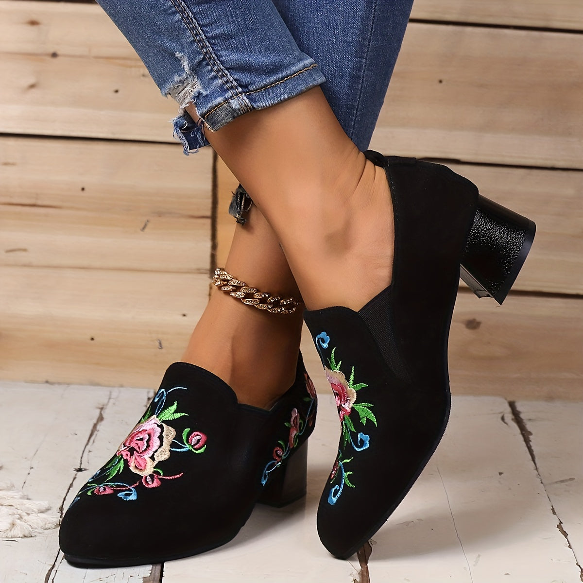 Floral Embroidered Slip On Chunky Heel Shoes