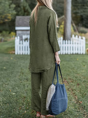 Women's Plus Solid Long Sleeve Shirt & Pants Outfit Set