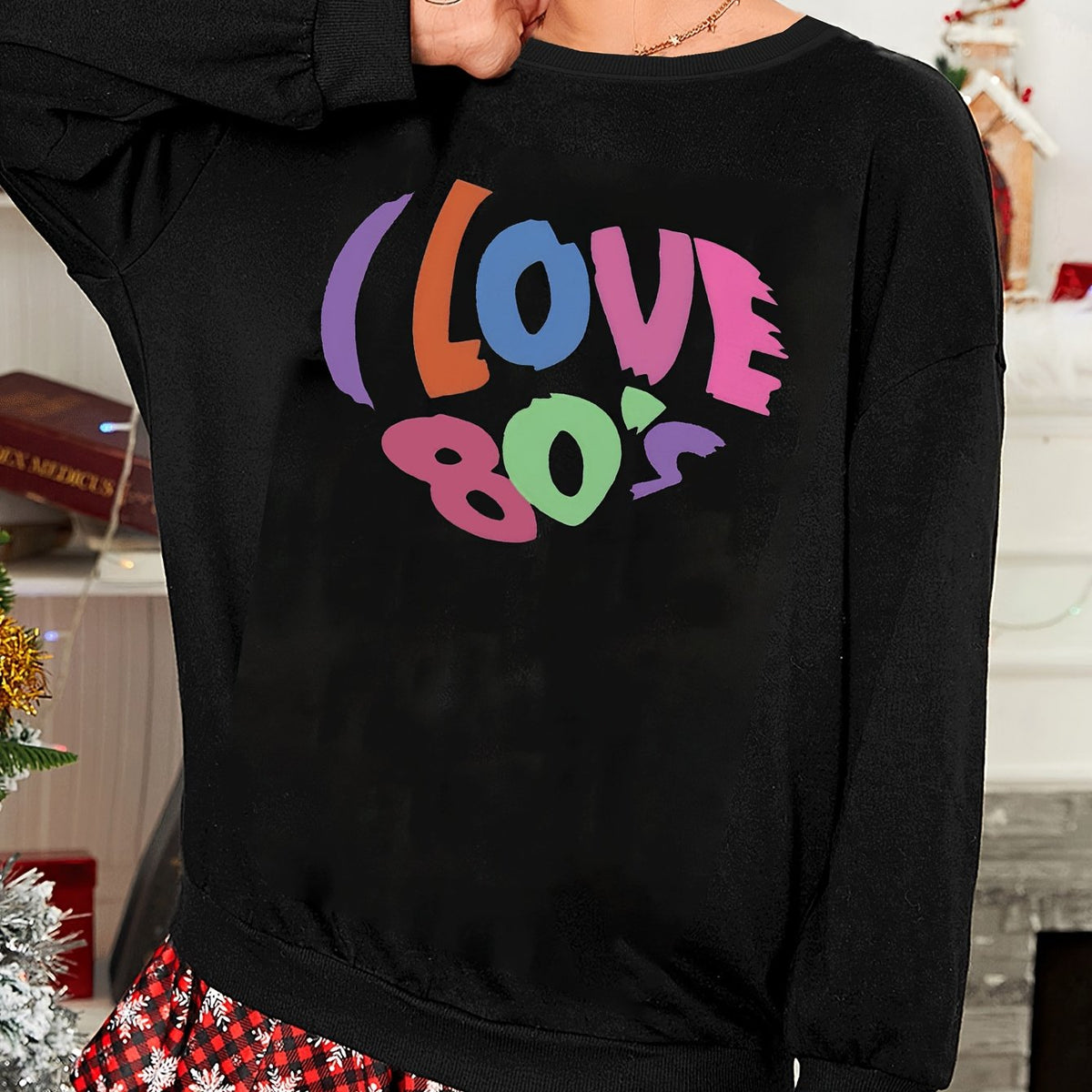  Lounge Top Women's Heart Print Long Sleeve Round Neck Sleepwear Tee