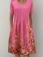 Floral Print Pleated Front Dress Short Sleeve Dual Pockets