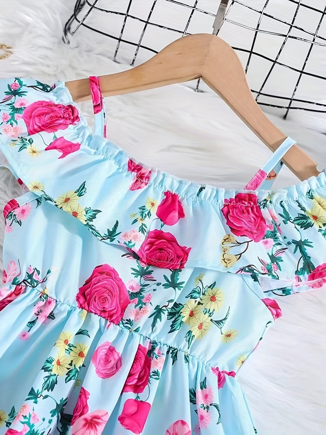 Toddler Girls Ruffle Trim Cold Shoulder Princess Dress Flowers Graphic