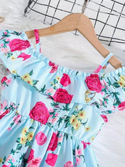 Toddler Girls Ruffle Trim Cold Shoulder Princess Dress Flowers Graphic