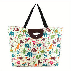 Cartoon Print Foldable Tote Bag Large Capacity for Travel Picnic Beach