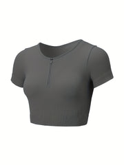Seamless Sports Yoga Crop Tee Half Zipper Solid Activewear