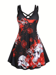 Skull Print Spaghetti Strap Dress Gothic Sleeveless V Neck Dress