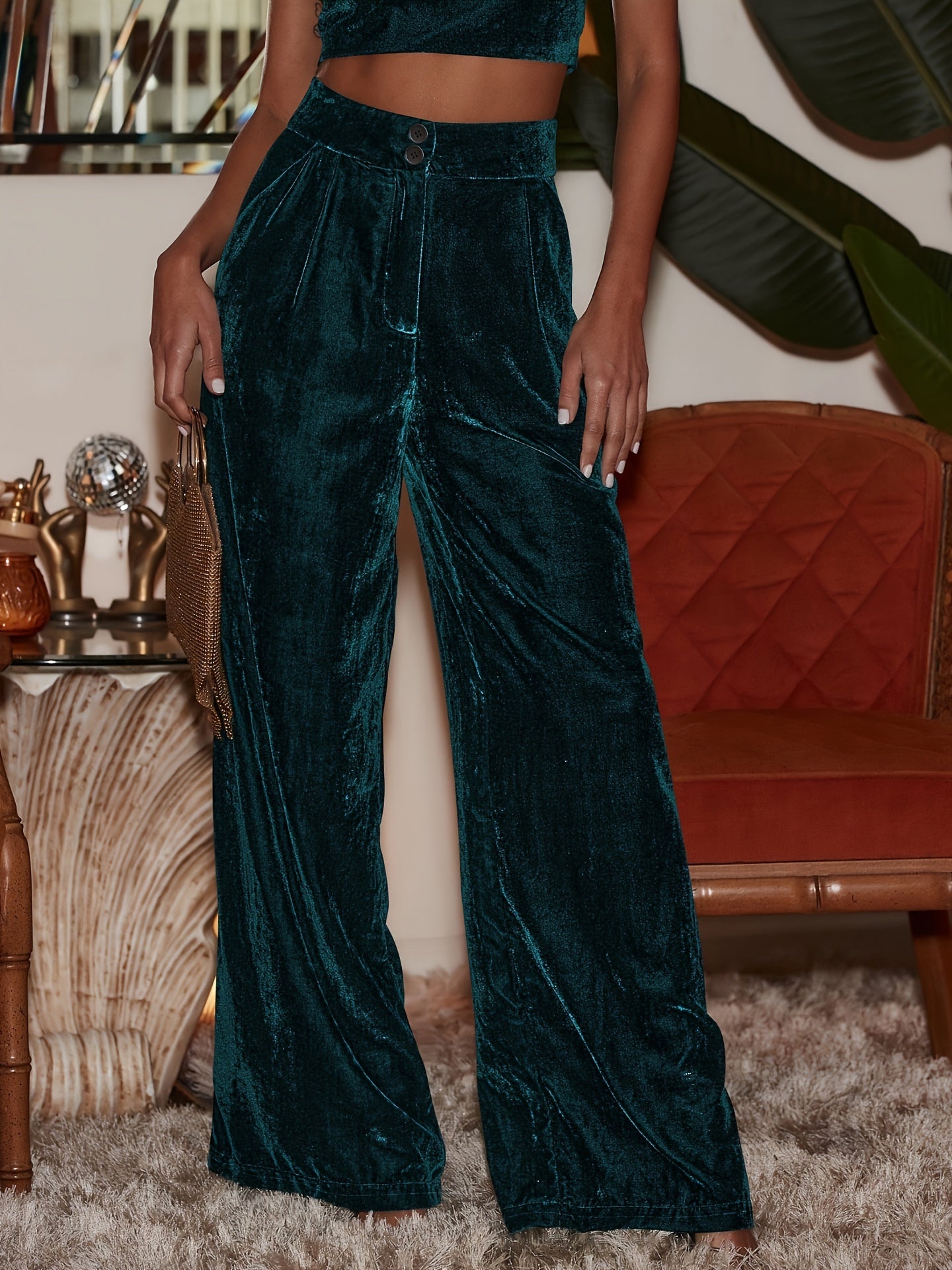  Velvet High Rise Wide Leg Trousers