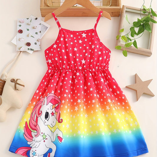 Girls Unicorn Print Spaghetti Strap Casual Dress Knee Length