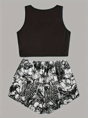 Skull Print Halloween Lounge Set Tank Top & Shorts Women's Loungewear
