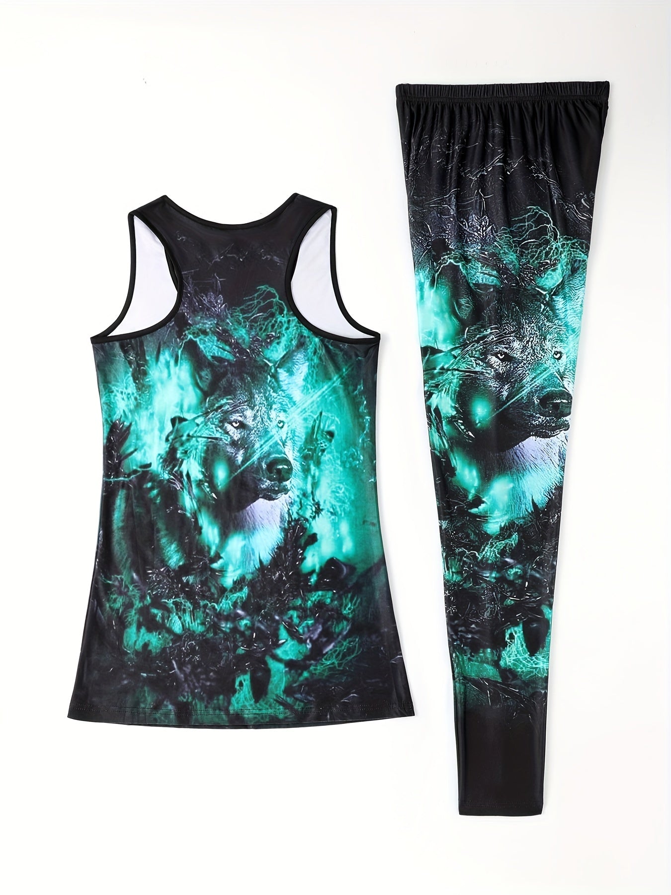 Wolf & Flower Print Two piece Set Casual Sleeveless Tank Top & Skinny Leggings