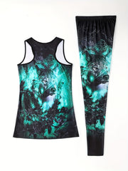 Wolf & Flower Print Two piece Set Casual Sleeveless Tank Top & Skinny Leggings