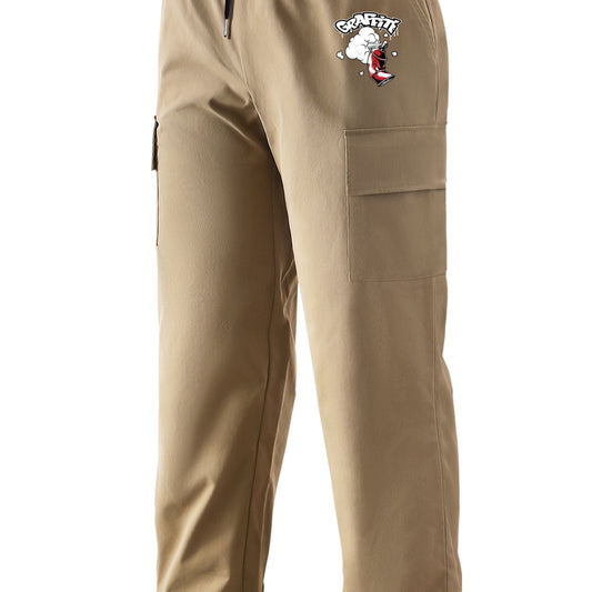Pattern Print Cargo Pants Men's Casual Straight Leg Drawstring Cargo Pants